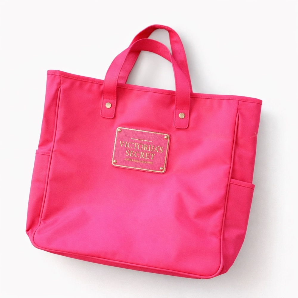 Victoria’s Secret Hot Pink Gold Logo Tote Bag Coquette Travel Summer Spring